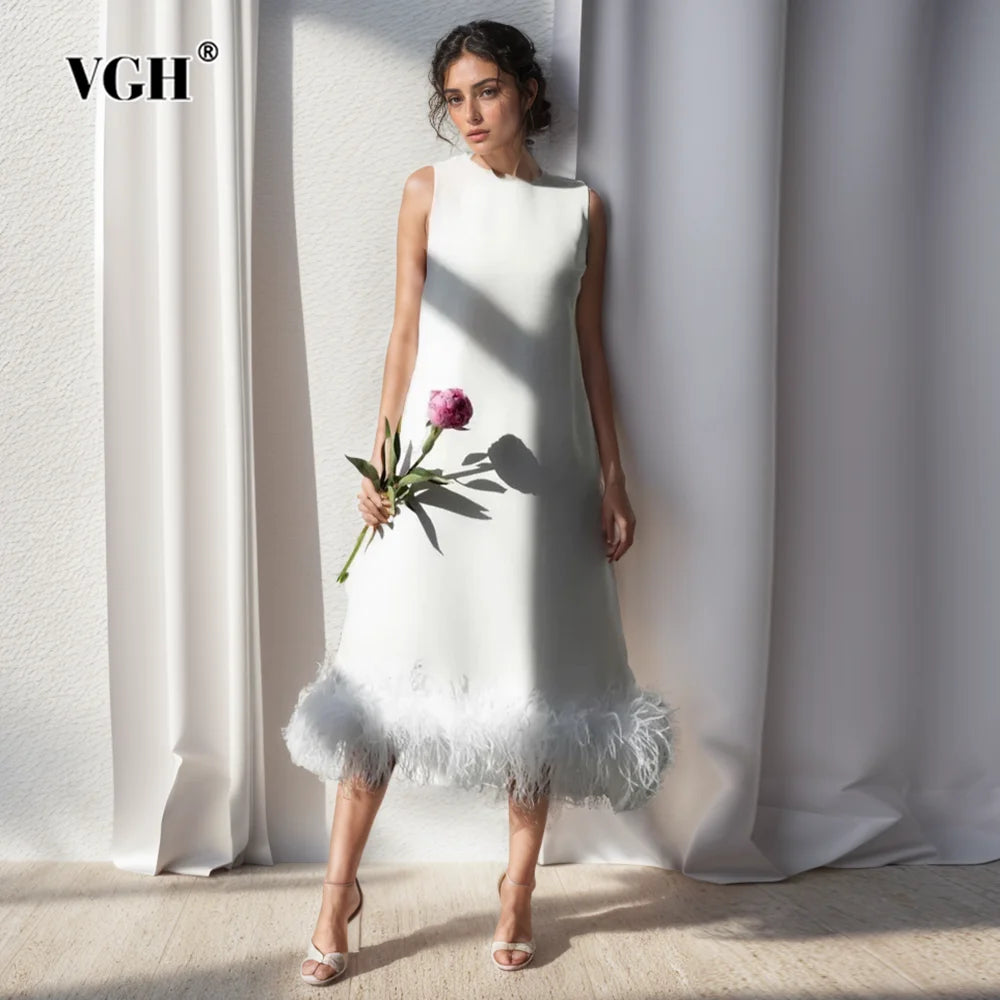 VGH Spliced Lace Up Temperament Dress For Women Round Neck Sleeveless Backless High Waist Patchwork Feather Dresses Female New