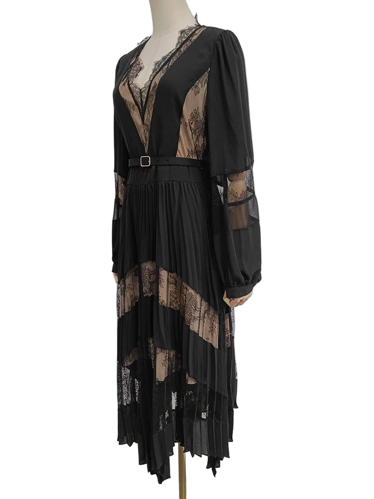 Femme Dentelle Bicolore - Col V Manches Longues Élégante