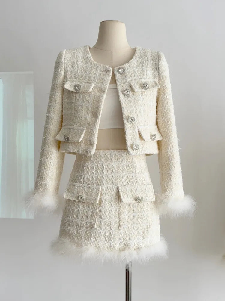 2024 Autumn Winter New French Vintage 2 Pieces Sets Tweed Jacket Short Coat Feather Splicing Blazer+High Waist Mini Skirt Suit