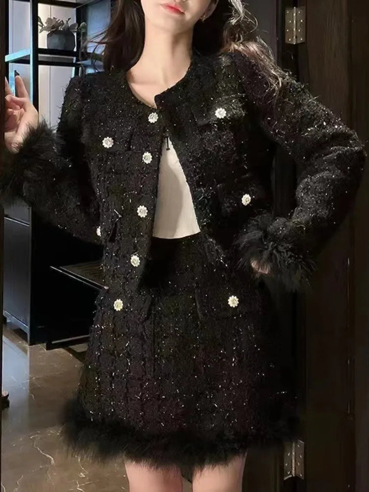 2024 Autumn Winter New French Vintage 2 Pieces Sets Tweed Jacket Short Coat Feather Splicing Blazer+High Waist Mini Skirt Suit