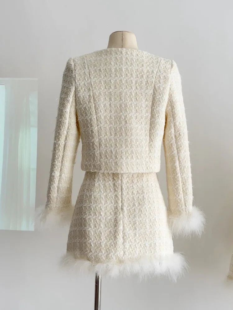 2024 Autumn Winter New French Vintage 2 Pieces Sets Tweed Jacket Short Coat Feather Splicing Blazer+High Waist Mini Skirt Suit