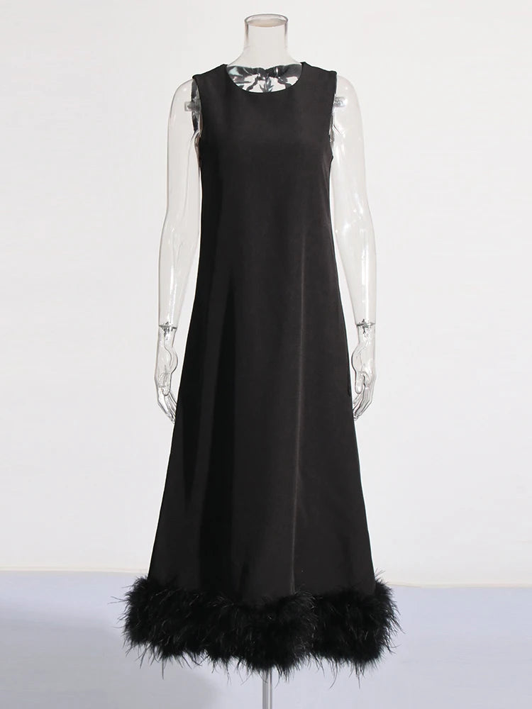 VGH Spliced Lace Up Temperament Dress For Women Round Neck Sleeveless Backless High Waist Patchwork Feather Dresses Female New