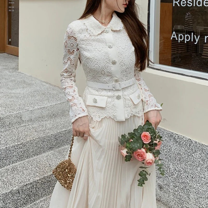 2024 Fall Winter Clothes White Lace Midi Dress For Women Long Sleeve Single Breasted Top Pleated Chiffon Dresses Female Outfits