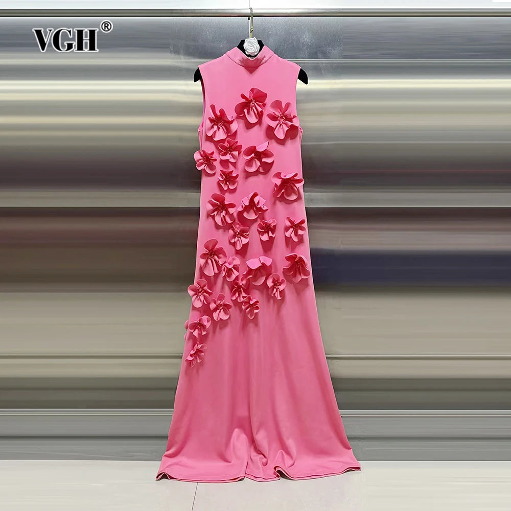 VGH Solid Patchwork Appliques Elegant Dresses For Women Stand Collar Sleeveless High Waist Temperament Long Dress Female Fashion