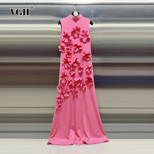 VGH Solid Patchwork Appliques Elegant Dresses For Women Stand Collar Sleeveless High Waist Temperament Long Dress Female Fashion