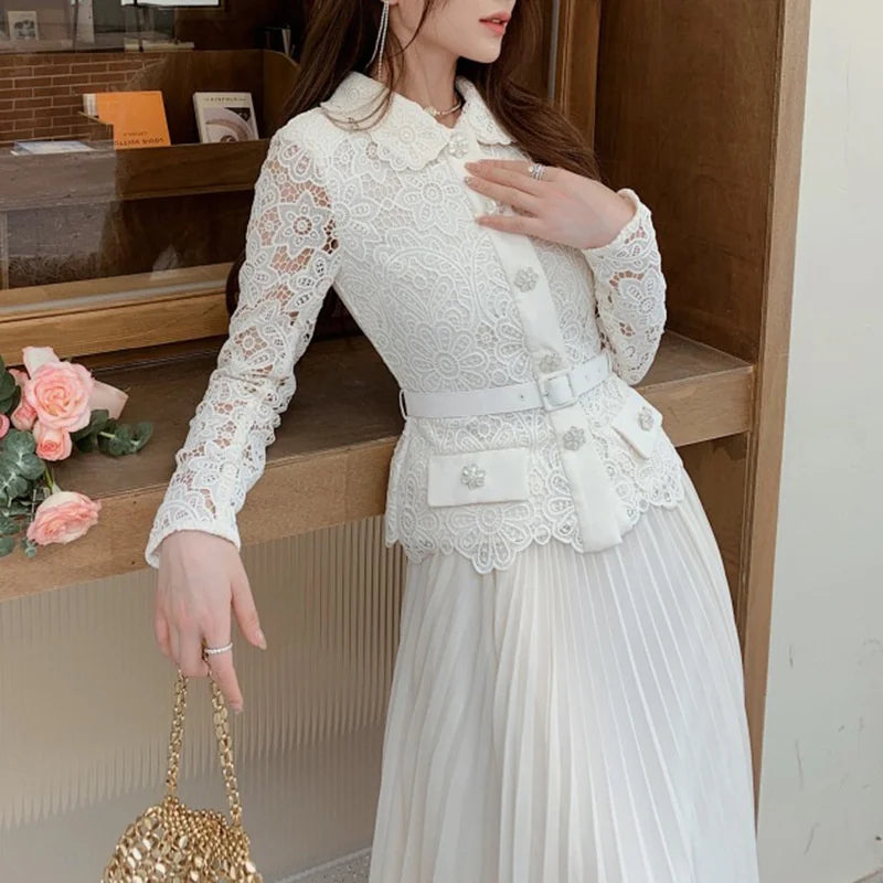 2024 Fall Winter Clothes White Lace Midi Dress For Women Long Sleeve Single Breasted Top Pleated Chiffon Dresses Female Outfits