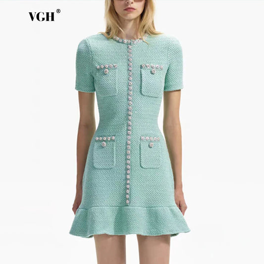 VGH Office Solid Women's Spliced Diamond Dress O Neck Short Sleeve Patchwork Single Breasted Irrgular Hem Elegant Dresses Female