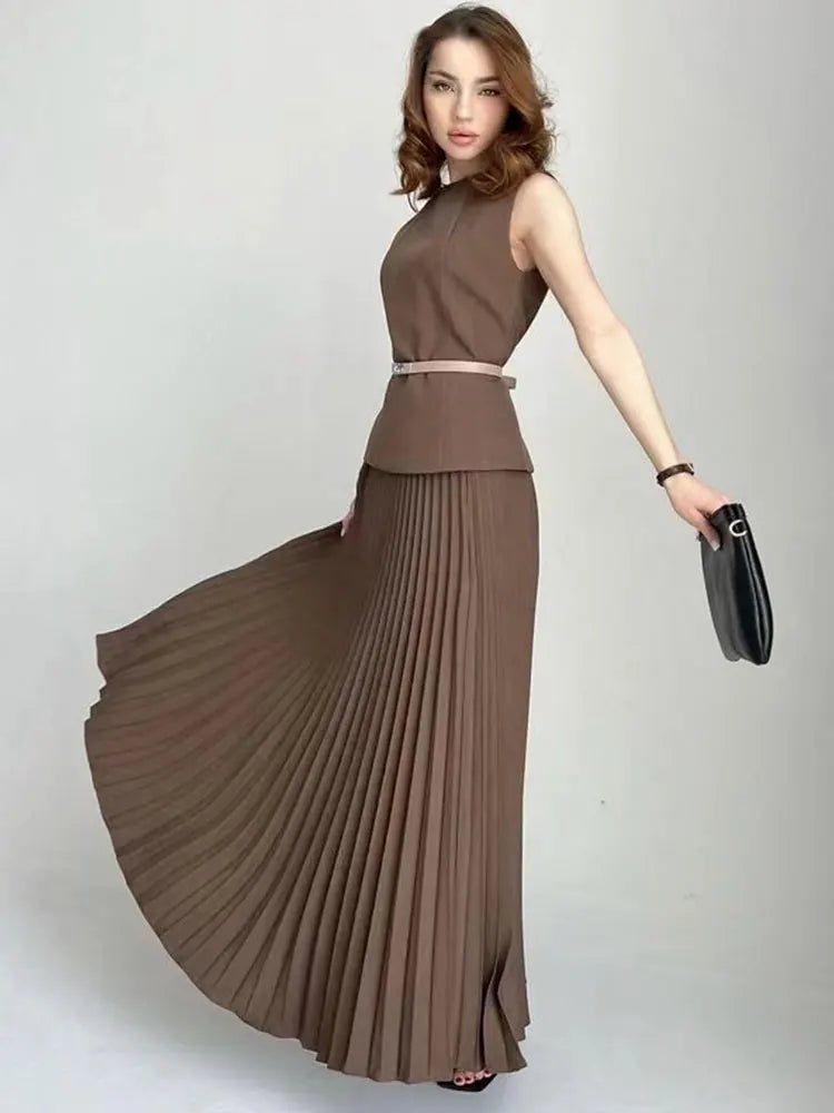 2024 Elegant Wome Pleated Skirt Set O-neck Sleeveless Slim Fit Top+Belt+High Waist Loose Long Skirt Evening Party Two Piece Set