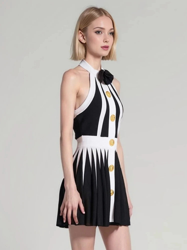 2024 New Summer Women's Black and White Stripe Button 3D Rose Pleated Sexy Sleeveless Knitted Mini Dress