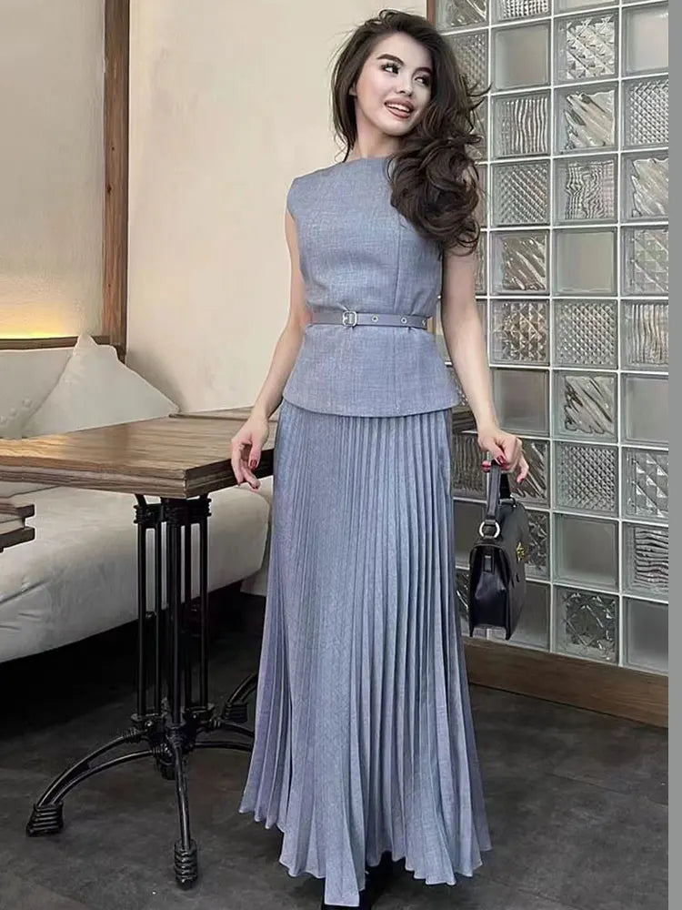 2024 Elegant Wome Pleated Skirt Set O-neck Sleeveless Slim Fit Top+Belt+High Waist Loose Long Skirt Evening Party Two Piece Set