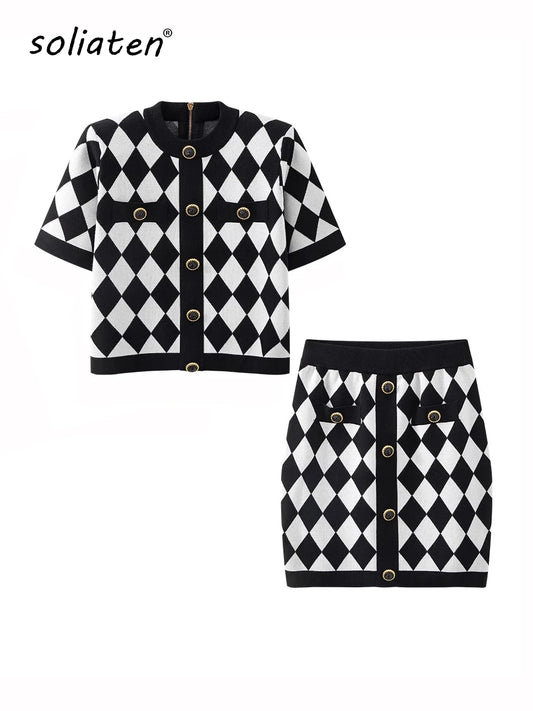 Women Black White Argyle Plaid Short Sleeve Back Zipper Knitwear Top + Gold Button Skirt Breathable Knit Set C-161