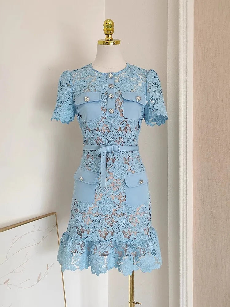 Women Lace Dress Summer Diamonds Buttons Belt Floral Embroidery Lace Party Ruffles Vestidos Blue