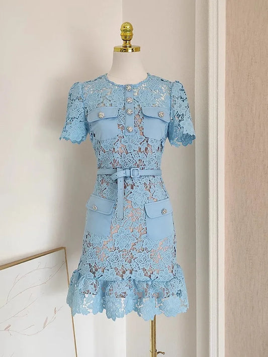 Women Lace Dress Summer Diamonds Buttons Belt Floral Embroidery Lace Party Ruffles Vestidos Blue