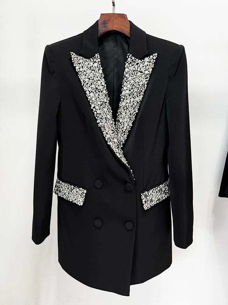 HIGH QUALITY Beaded Jacket Outfits 2024 Fashion Handmade Nail Bead Diamond Slim Medium Length Festival Suit Women Tailored Coat