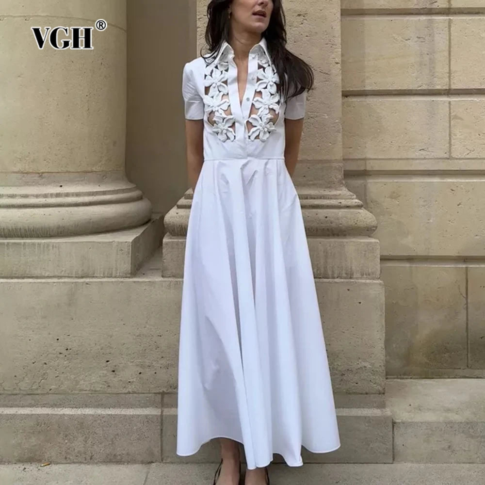 VGH Solid Patchwork Appliques Temperament Dress For Women Lapel Short Sleeve High Waist Elegant Long Dresses Female Fashion New