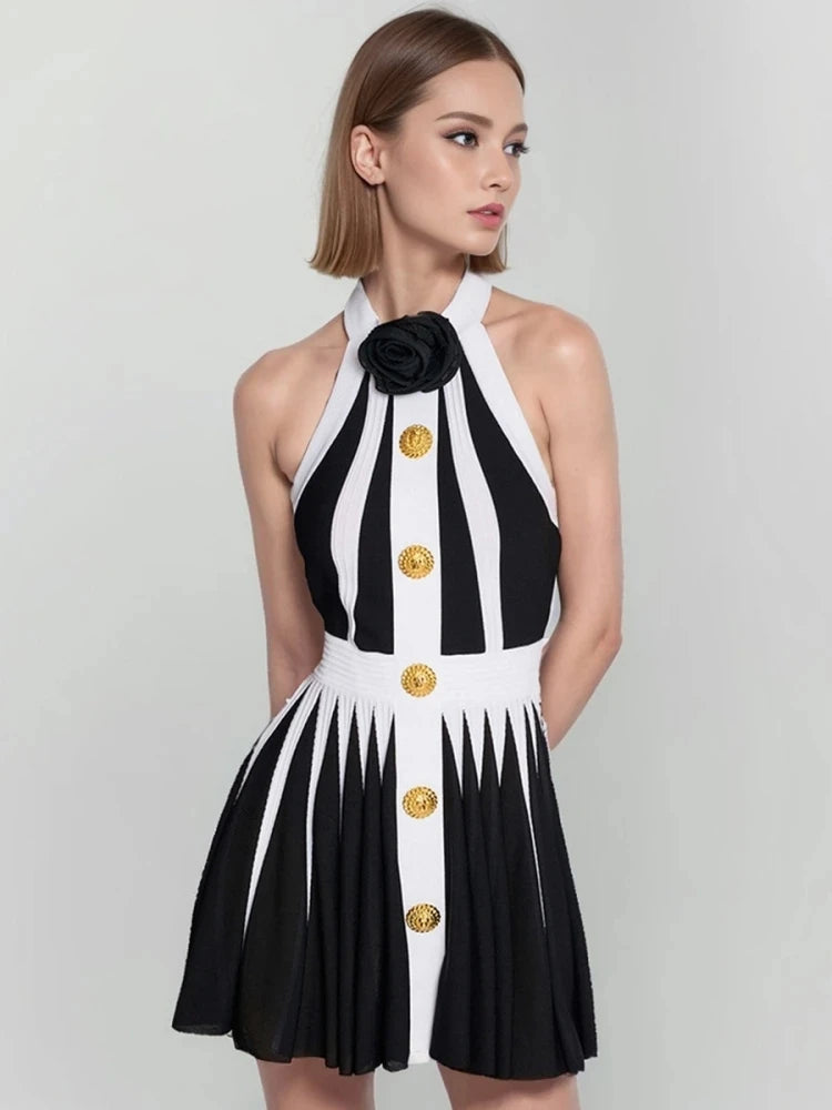 2024 New Summer Women's Black and White Stripe Button 3D Rose Pleated Sexy Sleeveless Knitted Mini Dress