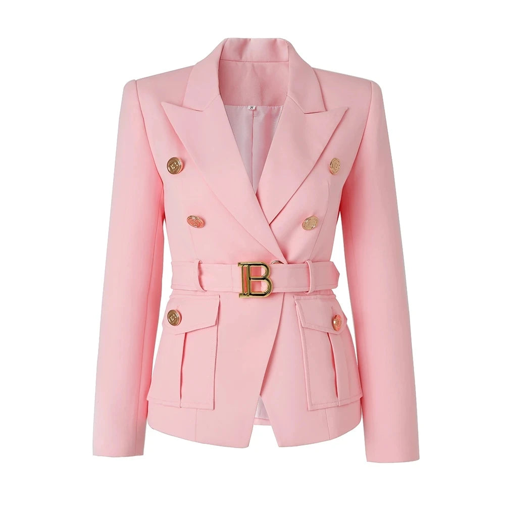 Blazer Femme Ceinturée - Veste Bureau Élégante avec Poches