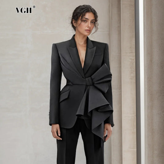 VGH Temperament Patchwork Bowknot Blazer For Women Lapel Long Sleeve Hollow Out Tunic Slimming Blazers Female New Designer