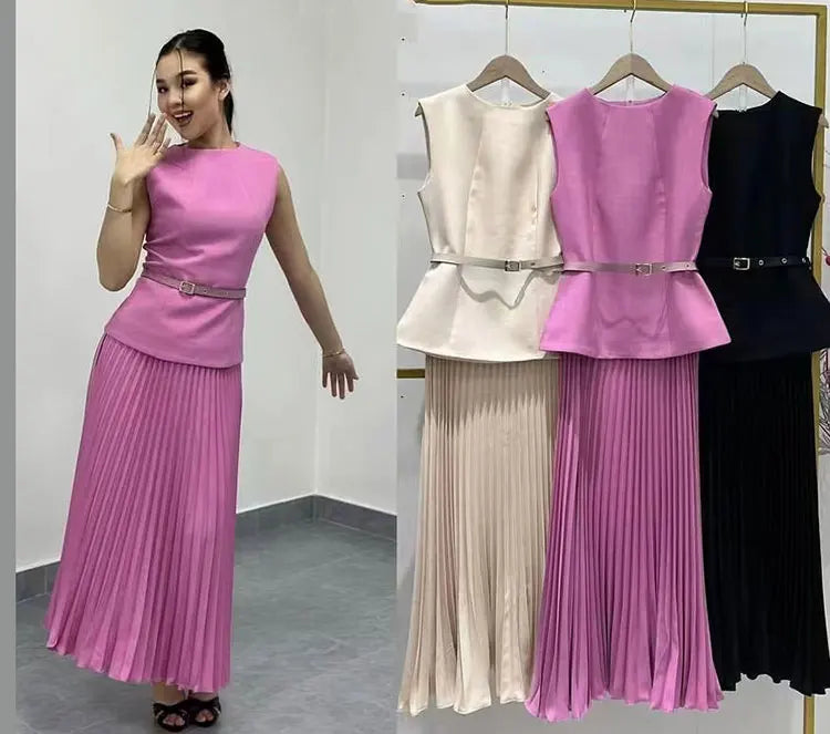 2024 Elegant Wome Pleated Skirt Set O-neck Sleeveless Slim Fit Top+Belt+High Waist Loose Long Skirt Evening Party Two Piece Set