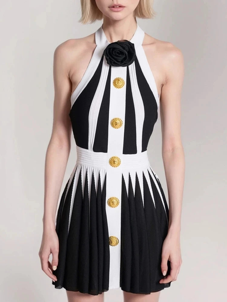 2024 New Summer Women's Black and White Stripe Button 3D Rose Pleated Sexy Sleeveless Knitted Mini Dress