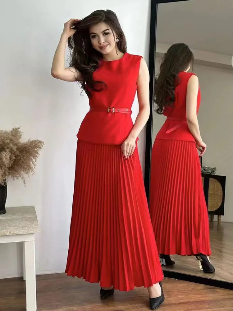 2024 Elegant Wome Pleated Skirt Set O-neck Sleeveless Slim Fit Top+Belt+High Waist Loose Long Skirt Evening Party Two Piece Set