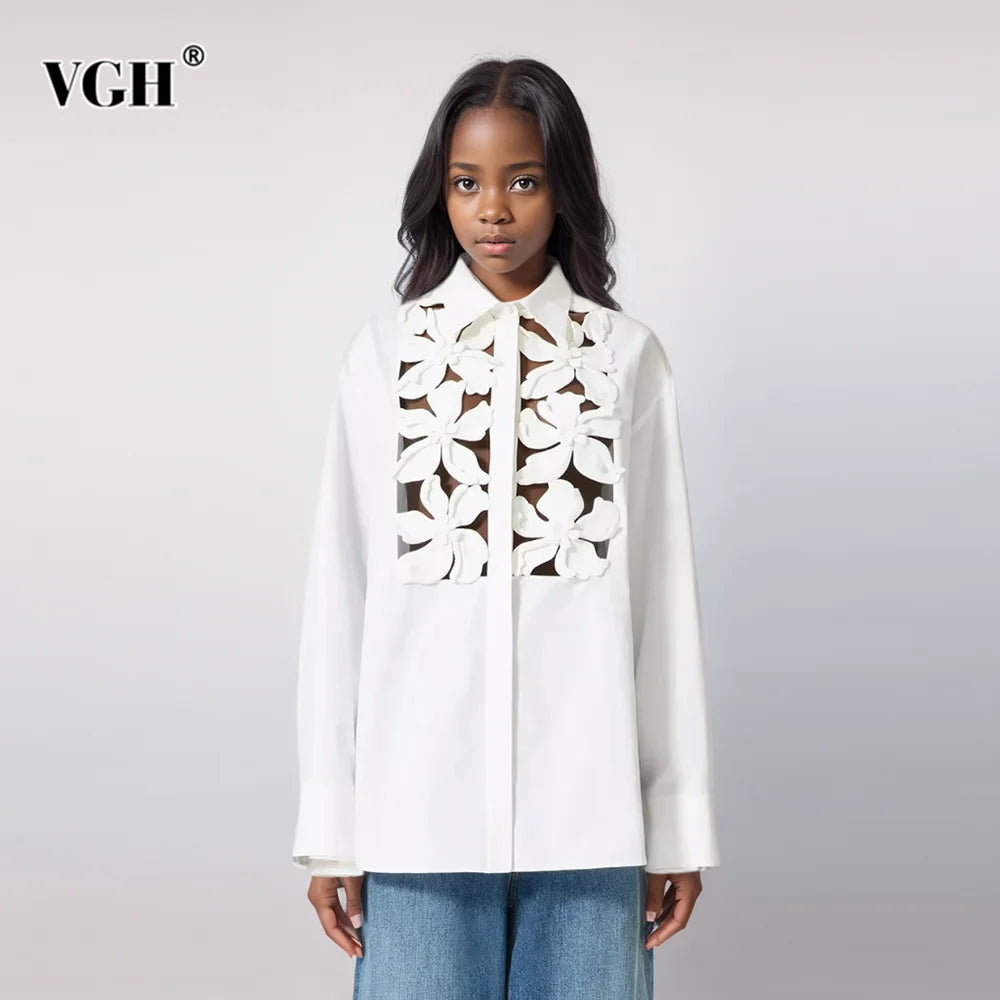 VGH Hollow Out Patchwork Appliques Solid Shirts For Women Lapel Long Sleeve Spliced Button Minimalist Loose Blouses Female New