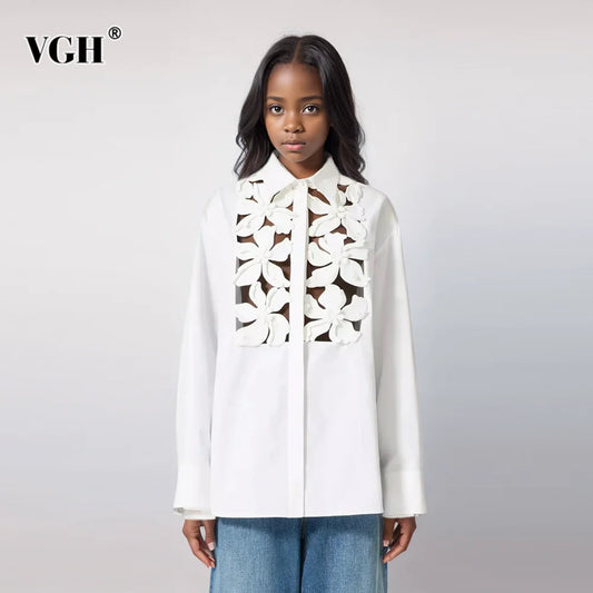 VGH Hollow Out Patchwork Appliques Solid Shirts For Women Lapel Long Sleeve Spliced Button Minimalist Loose Blouses Female New