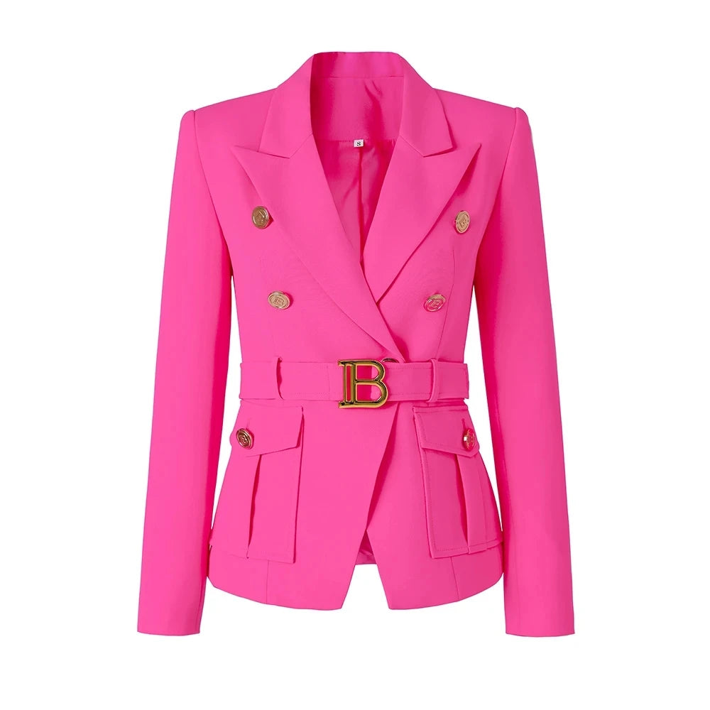 Blazer Femme Ceinturée - Veste Bureau Élégante avec Poches