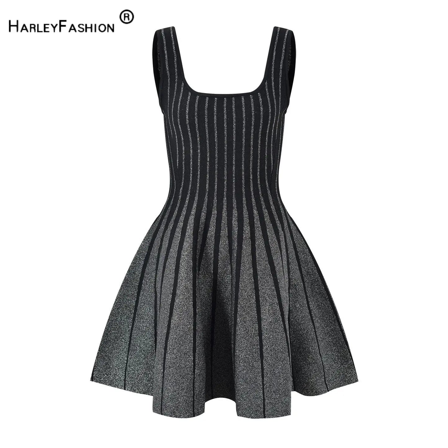 2024 Autumn Vintage Style High Quality Lady Sleeveless O-neckline Women Mini Short Knitted A-line Striped Dress