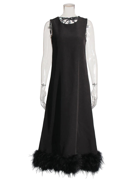 Robe Femme Plumes - Col Rond Sans Manches Taille Haute