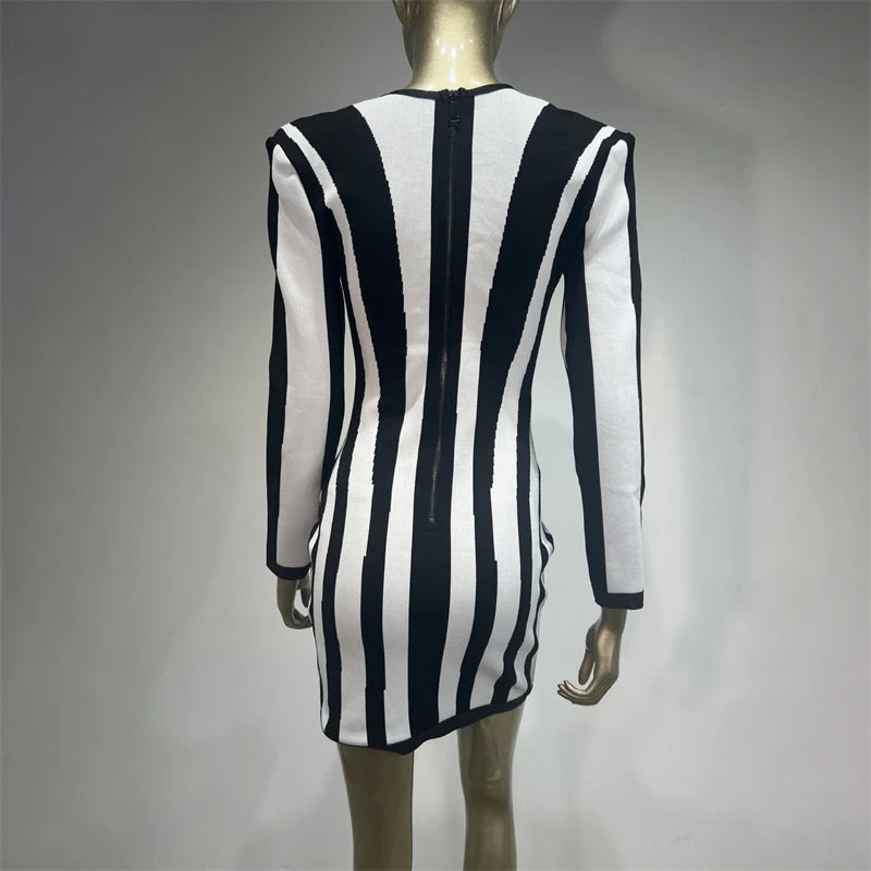 Autumn new style square collar black and white striped knitted long sleeve dress y2k high quality Fashion elasticSlim mini skirt