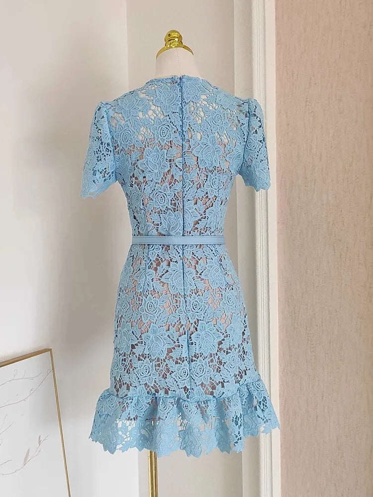 Women Lace Dress Summer Diamonds Buttons Belt Floral Embroidery Lace Party Ruffles Vestidos Blue