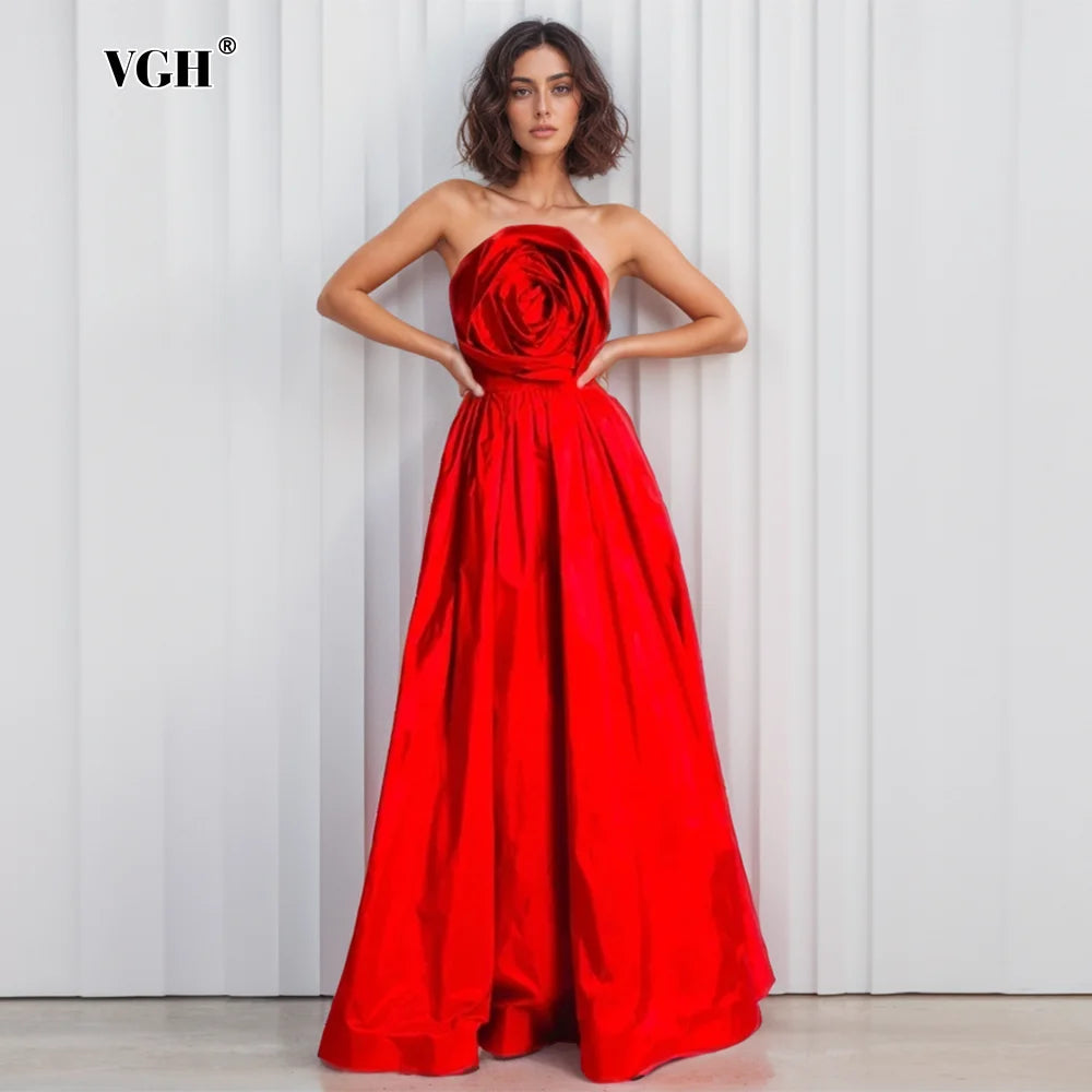 VGH Temperament Patchwork Appliques Dress For Women Strapless Sleeveless Backless High Waist A Line Party Dress Female Fashion