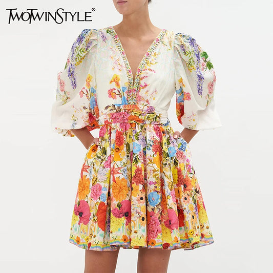 TWOTWINSTYLE Colorblock Floral Printing Dress For Women V Neck Puff Sleeve High Waist Patchwork Pocket Elegant Dresses Female