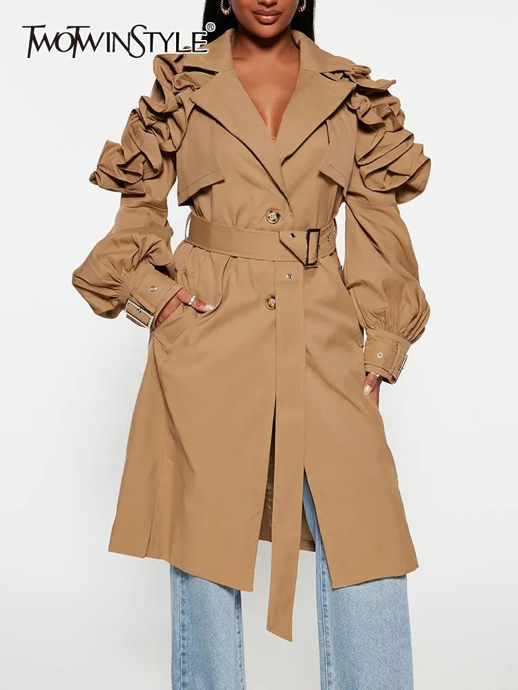 TWOTWINSTYLE Casual Spliced Ruffles Trenches For Women Lapel Long Sleeve Patchwork Belt Vintage High Street Trench Female Style