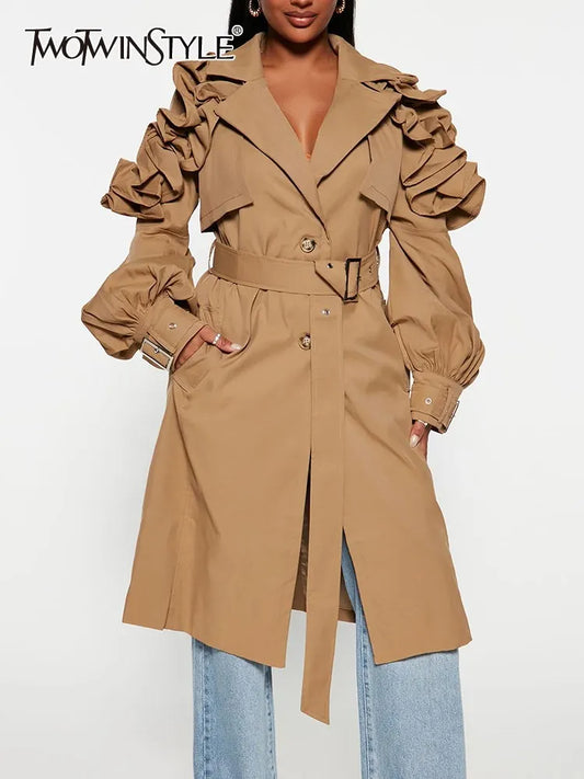 TWOTWINSTYLE Casual Spliced Ruffles Trenches For Women Lapel Long Sleeve Patchwork Belt Vintage High Street Trench Female Style