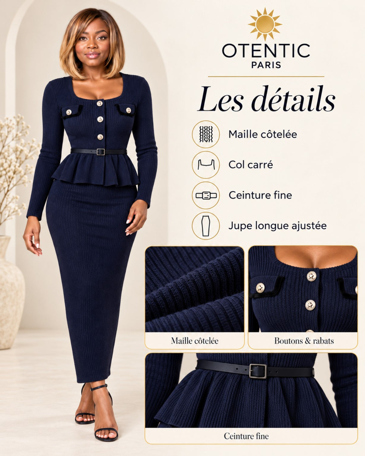 Détails de l’ensemble : maille côtelée, col carré, ceinture fine